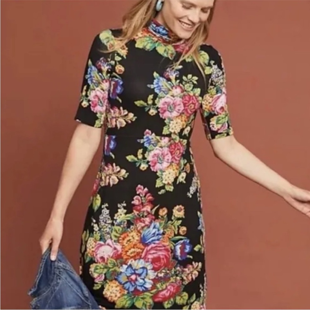 Anthropologie | Women’s Black/Multicolor Floral‎ Coreyell Stretch Knit Dress XS